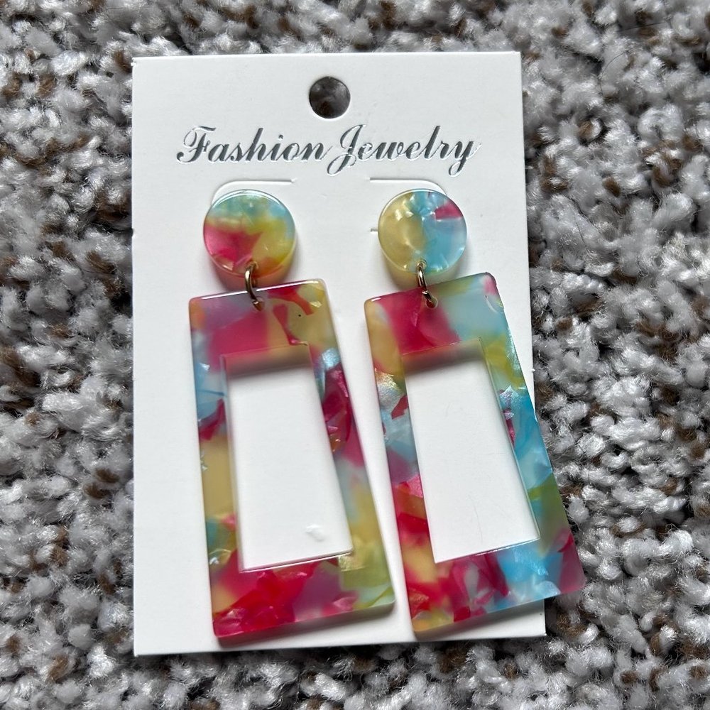 Rainbow resin rectangular earrings